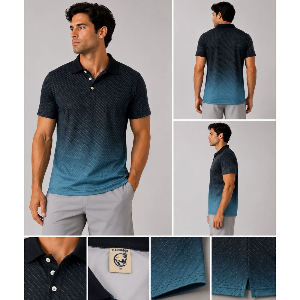 Hardaddy Men's Golf Polo Shirt Size M Black Teal Ombre Geometric Print